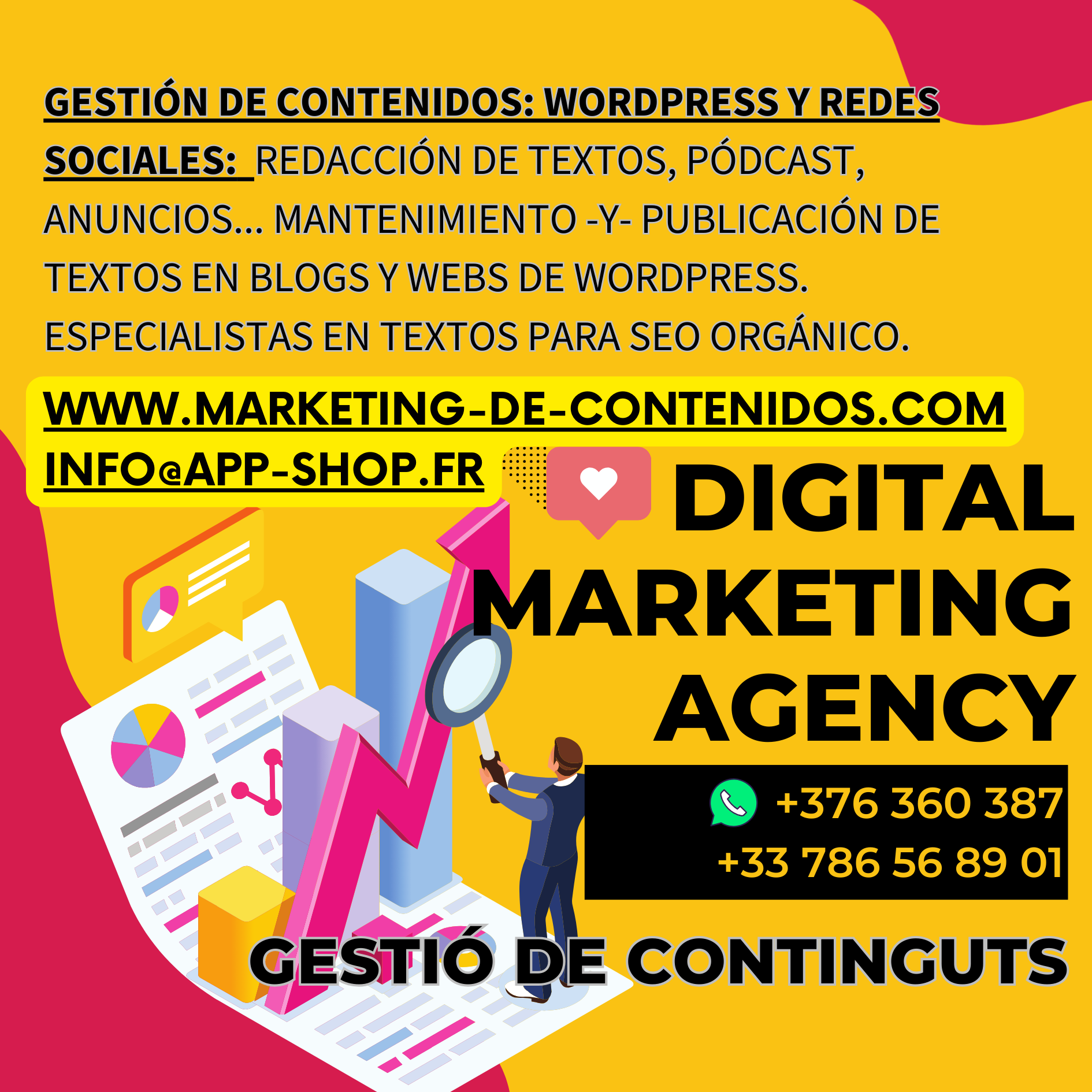 


Hola, gracias por visitar mi perfil. Soy especialista en SEO para todo tipo de webs (WordPress, Wix y dropshipping) y en gestión profesional de redes sociales para empresas de servicios, restaurantes y hoteles. Creamos contenidos para sus redes, webs y blogs en foto, vídeo, textos y además gestionamos toda tu comunicación digital.

Con más de 100.000 seguidores y blogs con más de 1M de visitas mensuales, podemos darte visibilidad real. Hablamos varios idiomas y trabajamos con pasión para aumentar las ventas de nuestros clientes.

📞 +376 360 387 / +33 786 568 901 📧 info@app-shop.fr ✅ Más de 50 restaurantes y marcas ya confían en nosotros.

EXPERTS en MARKETING DE CONTINGUTS ANDORRA OFERIM MÉS VISIBILITAT, MÉS CLIENTS, MÉS CREIXEMENT No es tracta només de “ser-hi”, sinó de posicionar-se com cal.💡✨ 🚀📲 

El teu negoci no és com els altres. El teu màrqueting, tampoc hauria de ser-ho.

🔗 Contacta amb nosaltres i transforma positivament el teu posicionament digital: 📞 +376 360 387 / 📞 +33 786 568 901 info@app-shop.fr 

A MARKETING DE CONTINGUTS ANDORRA, combinem SEO, desenvolupament web i estratègia multicanal per arribar a més del 90% dels usuaris d’internet. 🔎 Si el teu client busca a Google, nosaltres et fem aparèixer. Si consulta aplicacions, t'hi troba. Si vol comparar, que sigui amb tu al capdamunt del rànquing. 📊 Tenim més de 300 clients posicionats a Google... i ara també a les IA. 📣 Més de 120.000 seguidors podran veure les teves publicacions a Instagram o Facebook.

💡 No hi ha miracles, hi ha estratègies clares i amb fonament: ✅ +300% més de tràfic ✅ Estadístiques en temps real ✅ Eines professionals, resultats tangibles

🧩 Però aquí ve el punt clau... Si continues provant coses a l’atzar, l’únic resultat segur és que continuaràs perdent diners.

Freelancers, agències, “experts en tot”... 📌 Tots et venen fum i una part, noves agències digitals sense cap experiència amb ofertes molt ben dissenyades, capten al client i el cremen, no tenen cap coneixement ni experiència, només un bon curs, però ningú et dona el puzle complet. 👉 Et venen anuncis (ADS), però sense estratègia ni cap coneixement. 👉 Et venen una web, però sense cap trànsit. 

👉 Nosaltres et gestionem les xarxes socials, a més compartim amb tu els nostres 120.000 seguidors, només a LinkedIn 12.000, a Instagram 35.000 o a Tiktok 45.000; nosaltres no som els millors, però treballem de veritat en benefici del teu negoci. Ah!, i nosaltres donem REFERÈNCIES de les Xarxes que gestionem i dels WordPress QUE HEM POSICIONAT. 

Els altres sense cap pla, en temes de Restaurant i Hotels només saben fer bones fotos, ni les estratègies ni la captació de cients reals. A ells els és igual, vostè veu un Instagram molt bonic; així i tot, no funciona, amb faltes d’ortografia i sense contestar els missatges o les sol·licituds de clients, parlo per experiència.

Nosaltres no et venem fum. T’oferim un equip professional integral per crear els teus continguts amb qualitat: des de vídeos i textos, fins a estratègies de copywriting avançades. 🎯 Som els millors en creació de textos, i t’oferim un pla real amb resultats mesurables.

📍 El teu negoci no és com els altres. El teu màrqueting, tampoc hauria de ser-ho.

🔗 Contacta amb nosaltres i transforma positivament el teu posicionament digital: 📞 +376 360 387 / 📞 +33 786 568 901 info@app-shop.fr 

🎯 #AgenciaSEOAndorra #SeoProfessionals #WordPressExperts #WebDesignAndorra #PosicionamentSEO #SEOenAndorra #MarketingDeContinguts #SeoParaEmpresas #VisibilidadOnline #BrandingAndorra #AgenciaDigitalAndorra #WebCreativa #ContingutsProfessionals #SeoLocalAndorra #SeoMulticanal #AgenciaWordPressAndorra #SeoEspecialitzat #DissenyWebResponsive #MilloraElTeuSEO #SEOBranding #EstrategiaOmnicanal #ContingutsSEO #AgenciaOnlineAndorra #CopywritingQueConverteix #ResultatsReals 📊📸💼

Alguns dels nostres clients:




BORDA XIXERELLA

RESTAURANT LA SANGRIA GRILL

RESTAURANT ANDREA

KRAM ANDORRA

KAMVIUM GASTROBAR

PLAT’IN GOURMET

L’ERA D’EN JAUME

TAVERNA CAL ROKA




Tenim clients a Barcelona, Sant Cugat, Sabadell i a l’Hospitalet.

Tenim clients a Pamiers, Tarascon, Foix i Toulouse.EXPERTS en MARKETING DE CONTINGUTS ANDORRA OFERIM MÉS VISIBILITAT, MÉS CLIENTS, MÉS CREIXEMENT No es tracta només de “ser-hi”, sinó de posicionar-se com cal.💡✨ 🚀📲 
